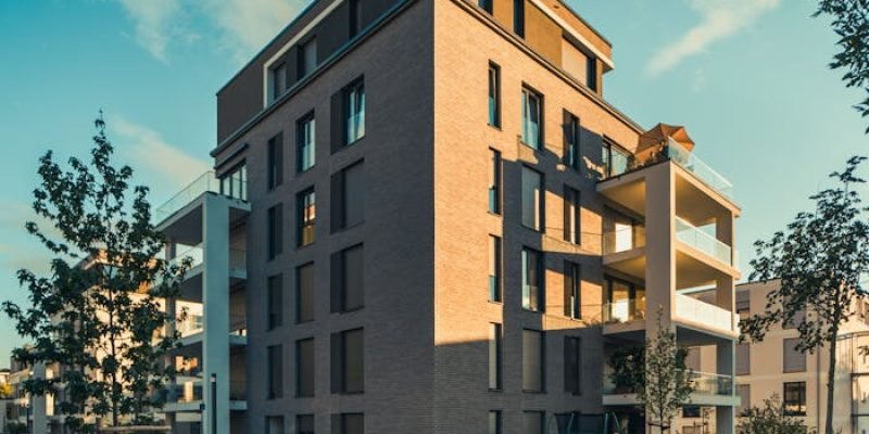 Contemporary apartment building exterior with landscaped surroundings under a clear sky.