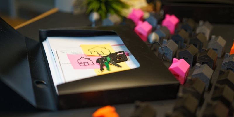 Keys and real estate documents on a desk surrounded by colorful house models, symbolizing property transactions.